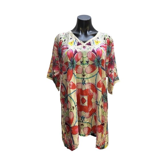Johnny Was Colorful Floral  Silk Tunic Blouse w/Elastic Waist Size L - Picture 1 of 8